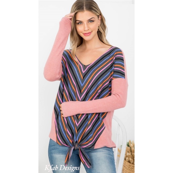 ❤️LAST ONE! Luxe V Neck Pink Color Block Soft Multi Color Striped Tie Front Top! - Picture 4 of 6
